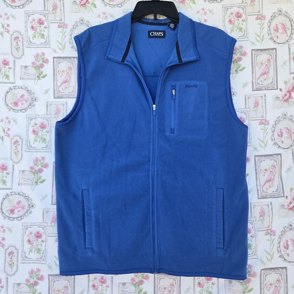 Chaps Men's L/G Bali Blue Micro Fleece Full Zip Vest Sleeveless Jacket Pockets